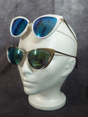Set of 2 Womens Cat Eye Sunglasses White Blue Gold Green Mirror Metal Frame Duo
